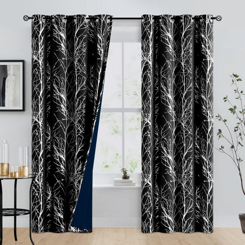 FMFUNCTEX 100% Blackout Curtains for Bedroom, Curtains 84 Inches Long Black Branch Curtains for Living Room, Silver Foil Metallic Tree Patterned Panels, Thermal Insulated Curtain 2 Panels Grommet Top - Image 2